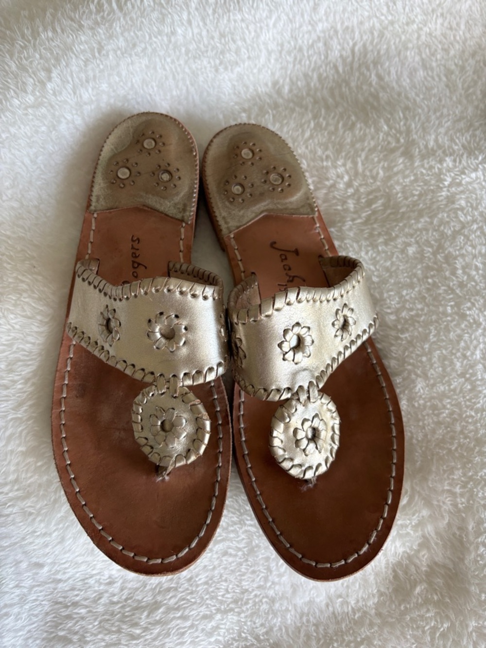 Jack Rogers Metallic Champagne Leather Thong Sandals